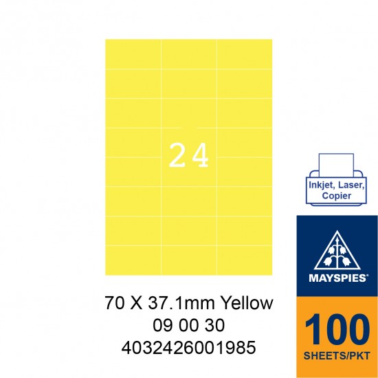 MAYSPIES 09 00 30 LABEL FOR INKJET / LASER / COPIER 100 SHEETS/PKT YELLOW 70 X 37.1MM